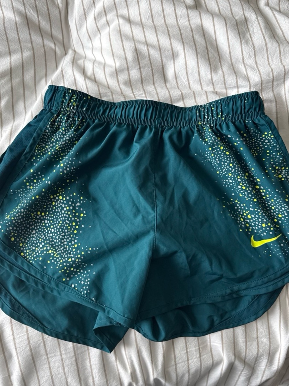 Nike Women's Teal Athletic Shorts with Neon Lime Accent